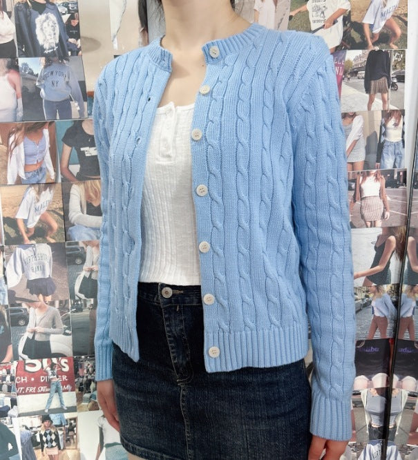 Cardigan tricoté torsadé bleu rétro américain