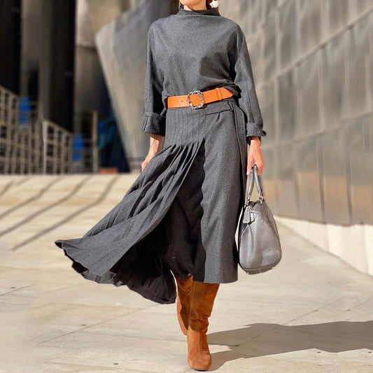 Traje de mujer otoño nuevo conjunto de dos piezas vestido suelto de Color sólido de manga larga