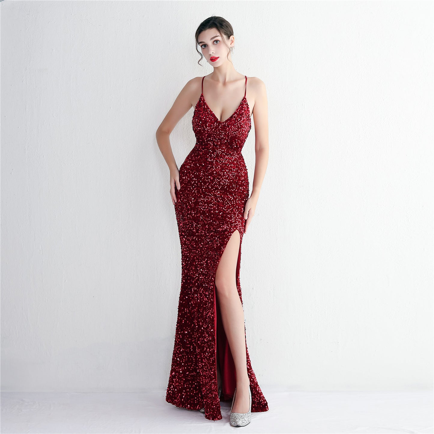 Velvet Bottom Sequin New Suspender Party Sequined Dress Long Banquet Slim-fit Evening Dress Elegant