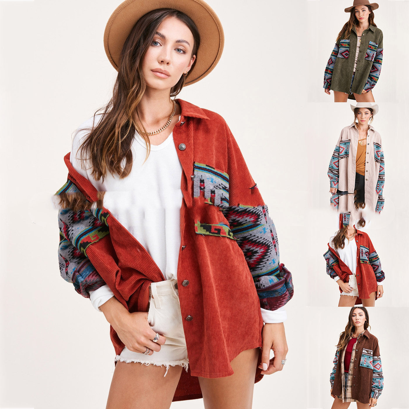 Corduroy Aztec Stitching Printed Pocket Long-sleeved Jacket