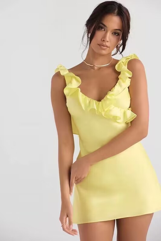 Robe à volants et à volants en satin et acétate pour femme, coupe ajustée