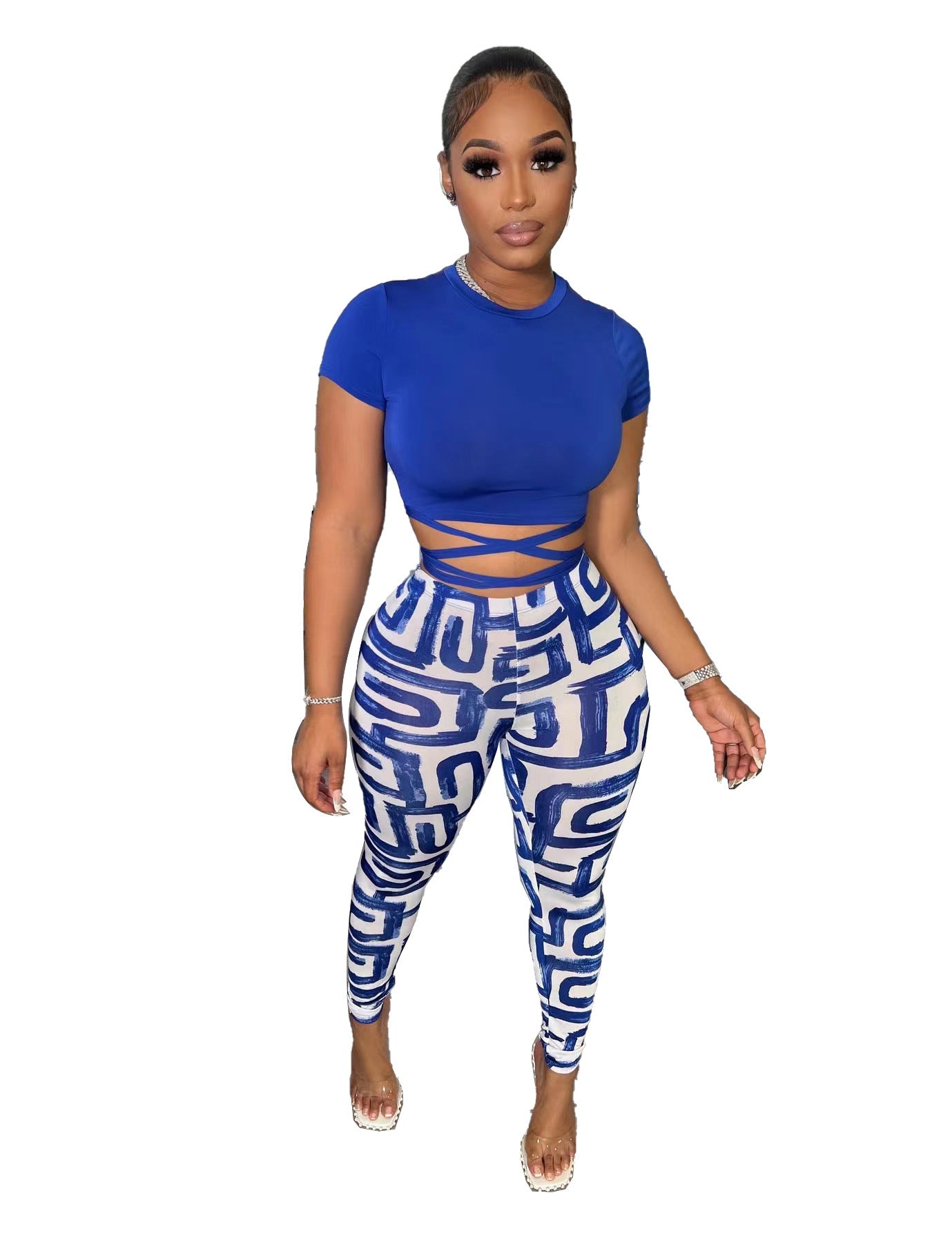 Fashion Printed Trousers Short Sleeve Two-piece Set