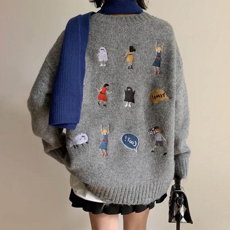 Cartoon Embroidery Gray Crew Neck Pullover Sweater