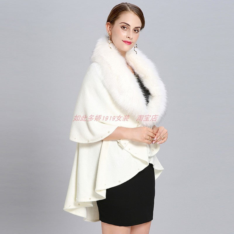 Women's Fashion Fur Collar Beaded Double Layer Inverness