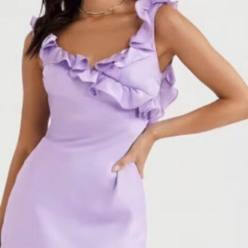 Robe à volants et à volants en satin et acétate pour femme, coupe ajustée