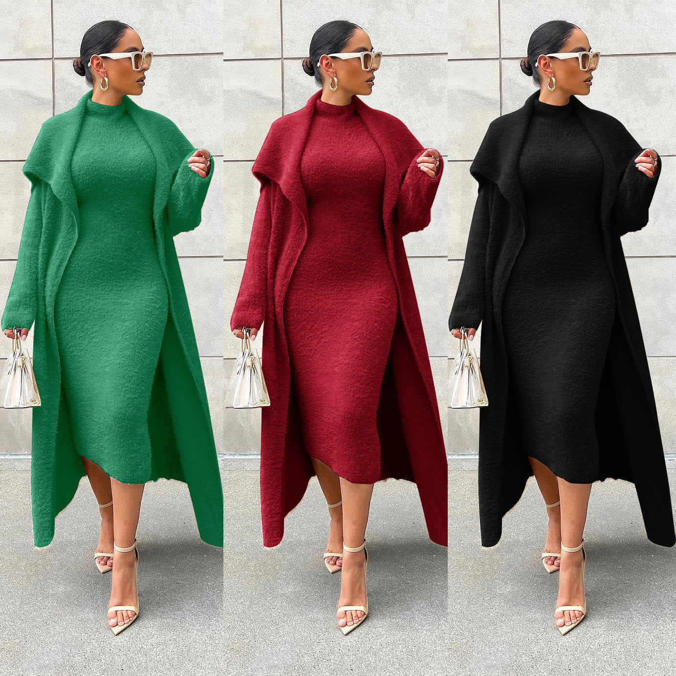 Autumn And Winter Elegant Dress Long Cardigan Velvet Two-piece Suit