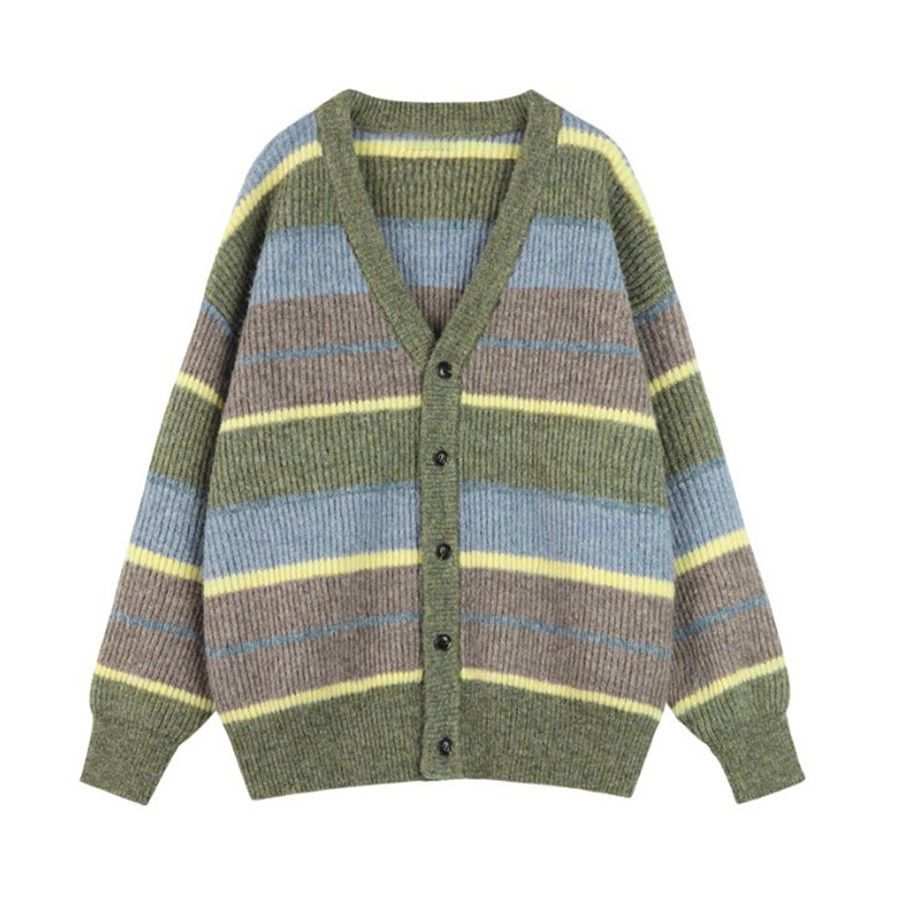 V-neck Japanese Lazy Style Retro Striped Sweater Coat Women