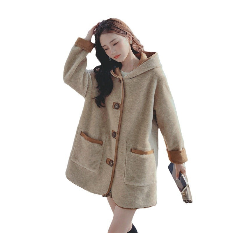 Women's Casual Loose Stitching Single-breasted Hooded Jacket