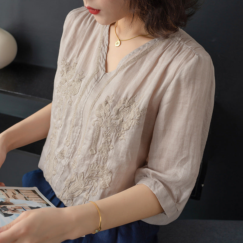 V-neck Five-point Sleeve Embroidered Cotton And Linen Shirt