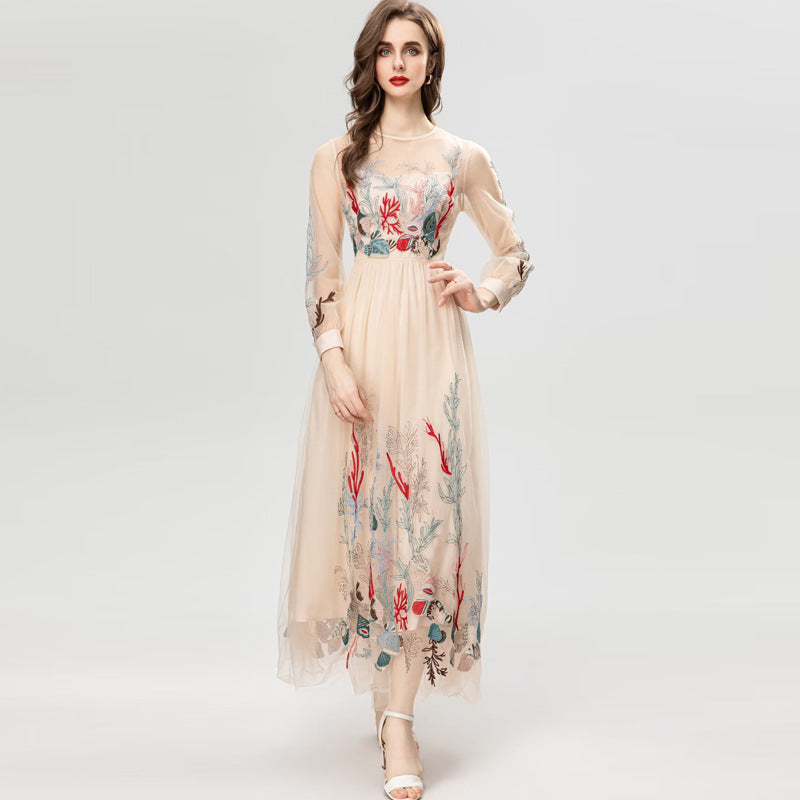 Robe longue transparente abricot, broderie florale exquise, robe de Style princesse