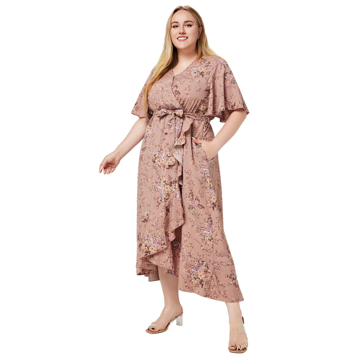 Robe à poches imprimées à volants pour femmes