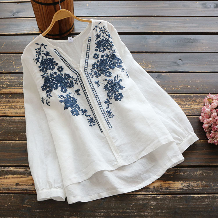 V-Neck T-Shirt Vintage Long Sleeve Pullover Embroidered Blouse