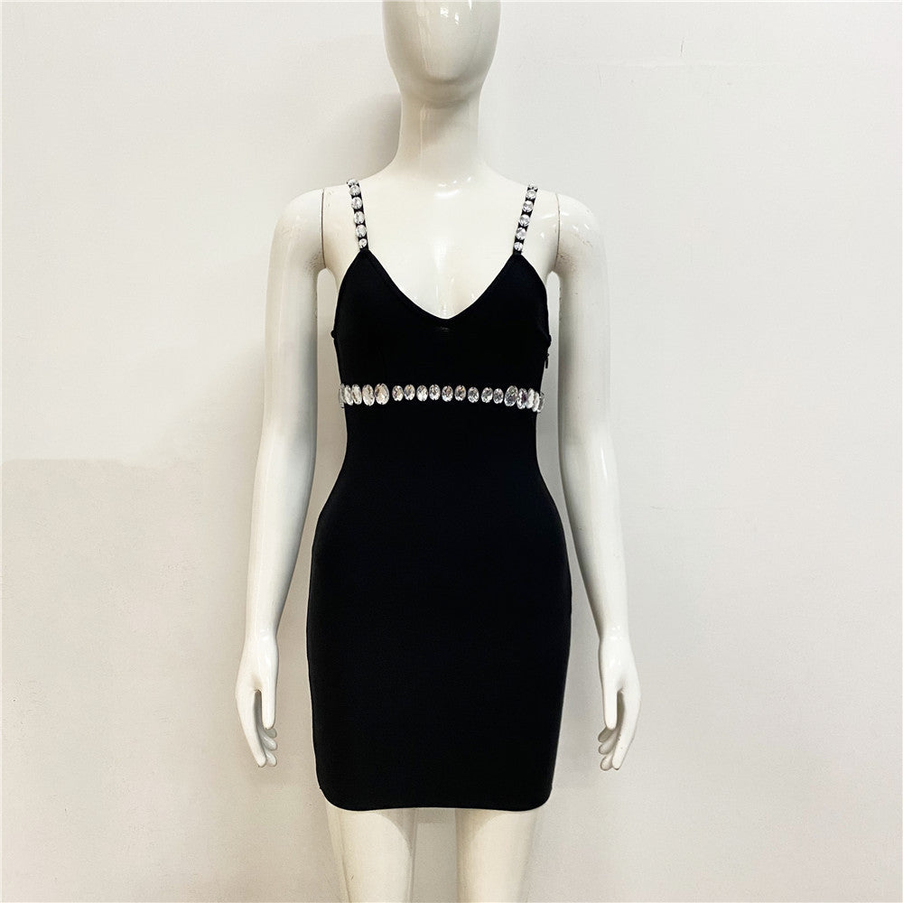 V-neck Brace Bandage Fashion Rhinestone Dress