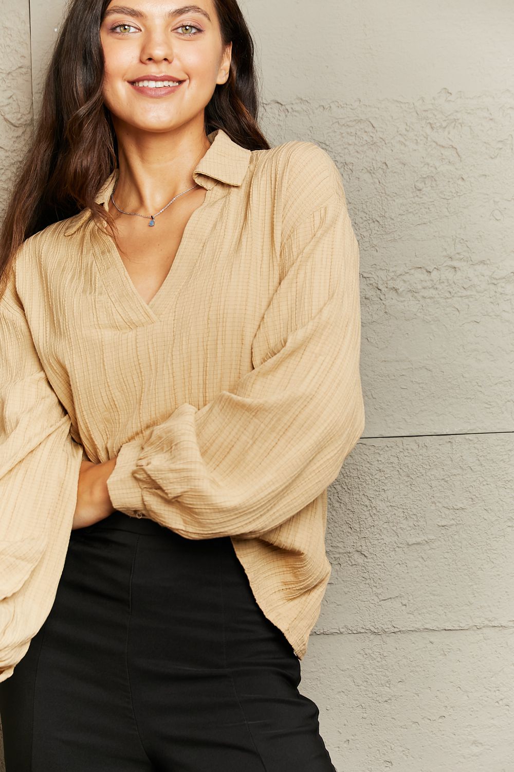 Textured Johnny Collar Drop Shoulder Blouse