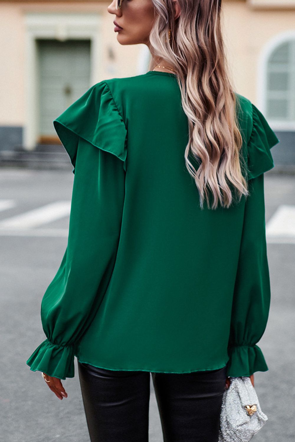 V-Neck Flounce Sleeve Ruffle Trim Blouse