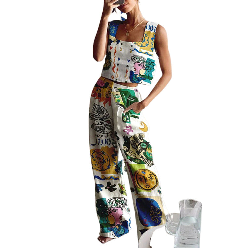 Women's Wide Printed Wide-leg Pants Vest Suit