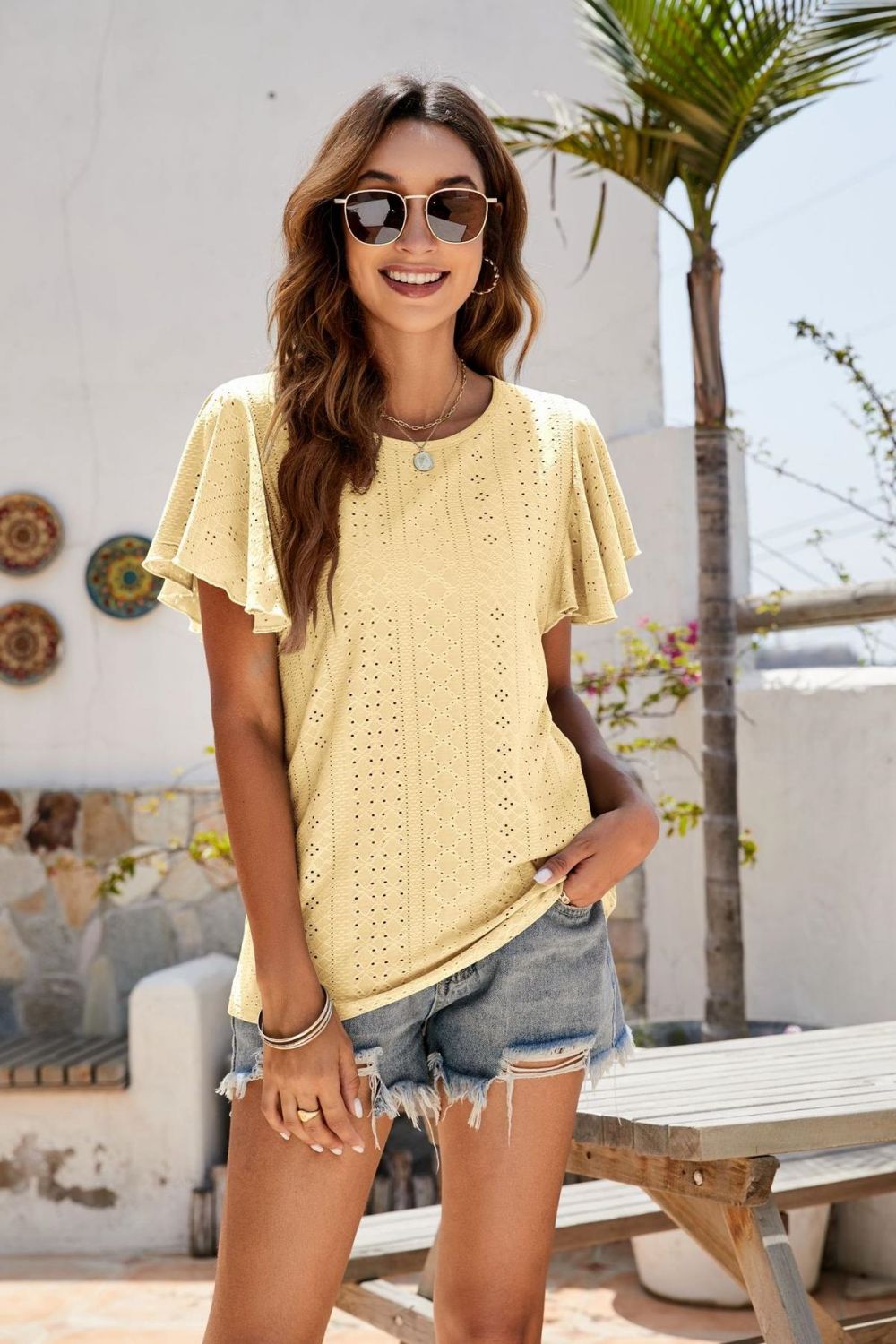 Eyelet Flutter Sleeve Short Sleeve Top