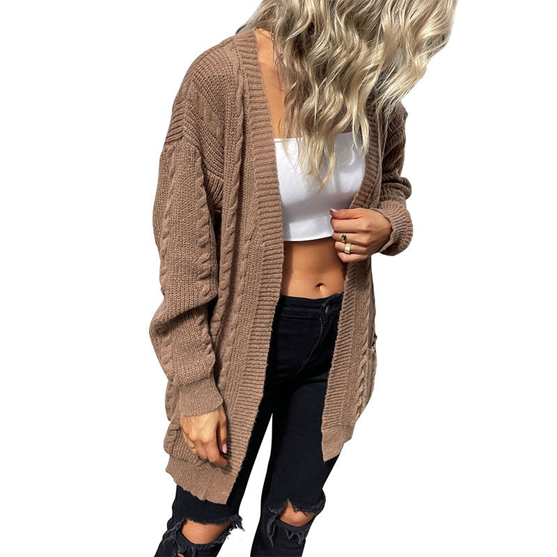 Women's Fashion Long Sleeve Solid Color Cable-knit Sweater