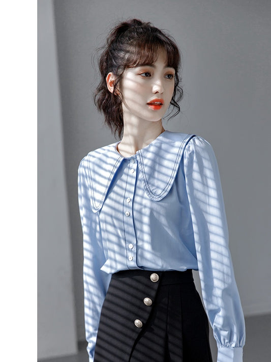 Doll Collar Blue Shirt Women's Long Sleeve Design Sense