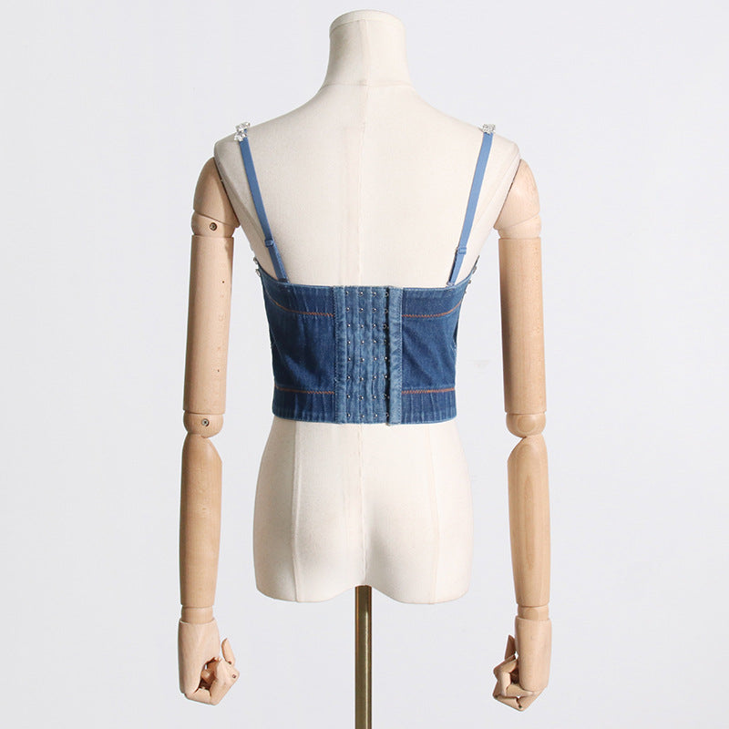 Back Zipper Fly Denim Crystal Stitching Vest