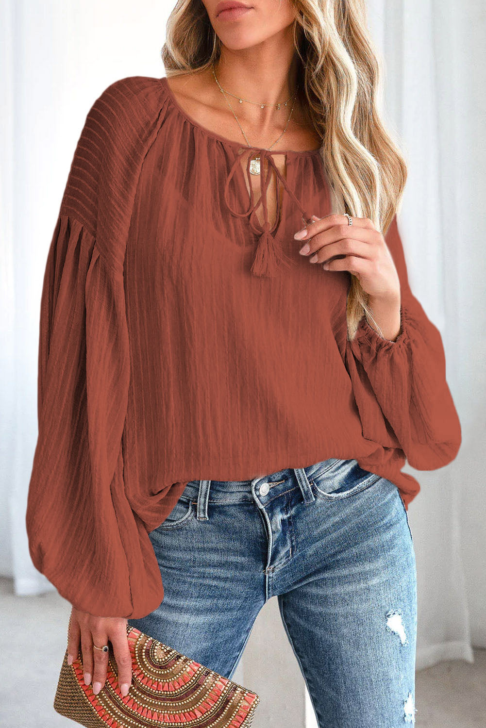 Tie Neck Dropped Shoulder Blouse