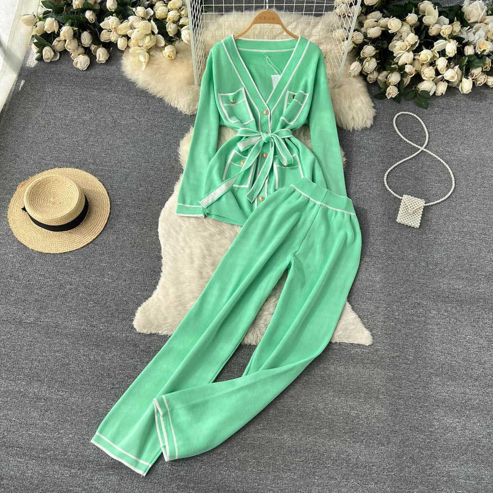 Contrast Color Suit Women's Long Sleeve V-neck Lace-up Knitwear Draping Wide Leg Trousers Two-piece Set