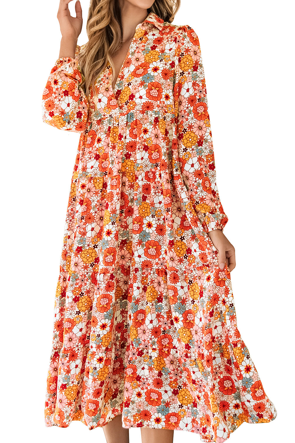 Robe bohème multicolore à col floral et manches longues à volants