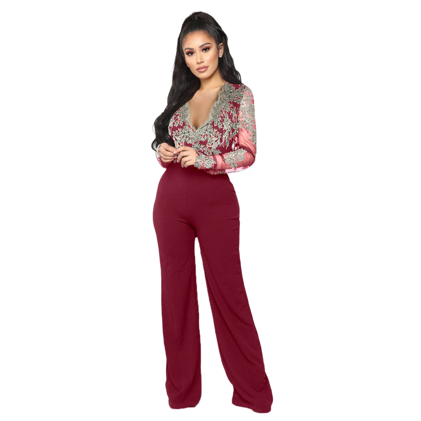 Autumn And Winter Hot-selling Women's Casual Ladies Water-soluble Lace V-neck Long-sleeved Wide-leg Jumpsuit