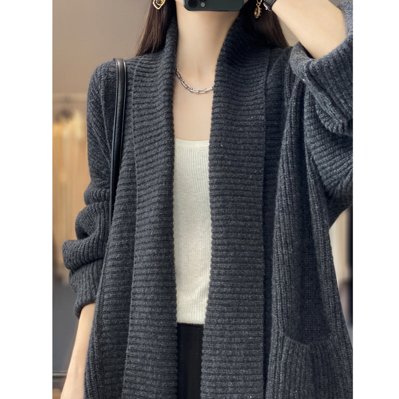 Women's Fashion Temperament Lapel Thickening Solid Color Sweater Coat