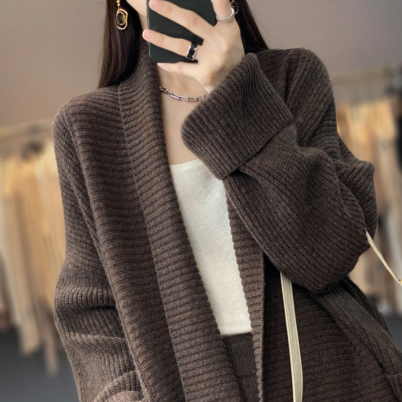 Women's Fashion Temperament Lapel Thickening Solid Color Sweater Coat