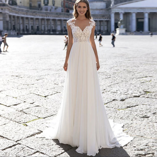 Robe de mariée en mousseline de soie, série A, col en V, manches longues