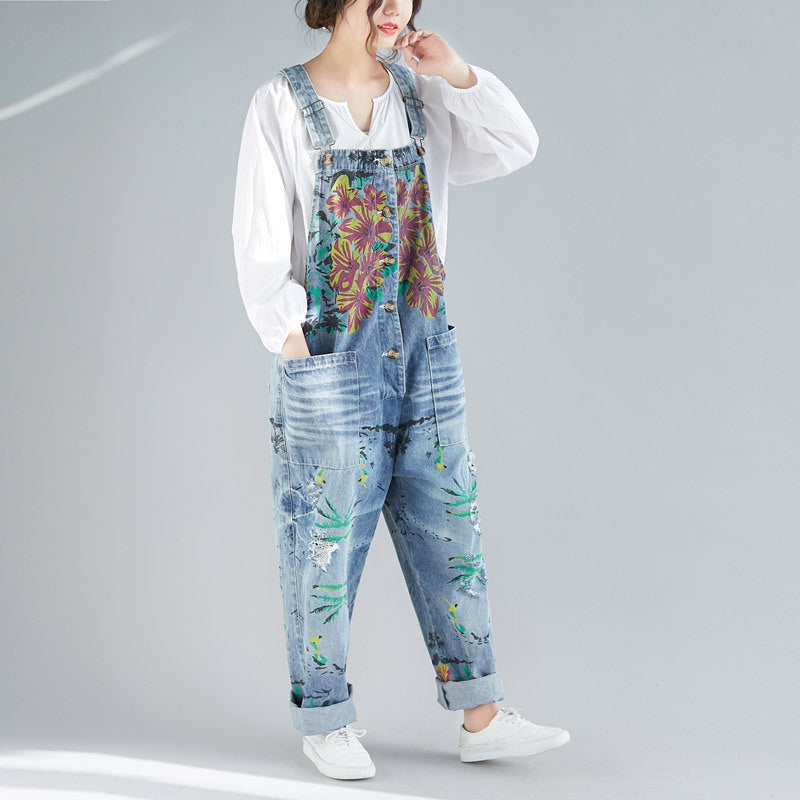 Women's Loose Plus Size Denim Light Color Hole Overalls