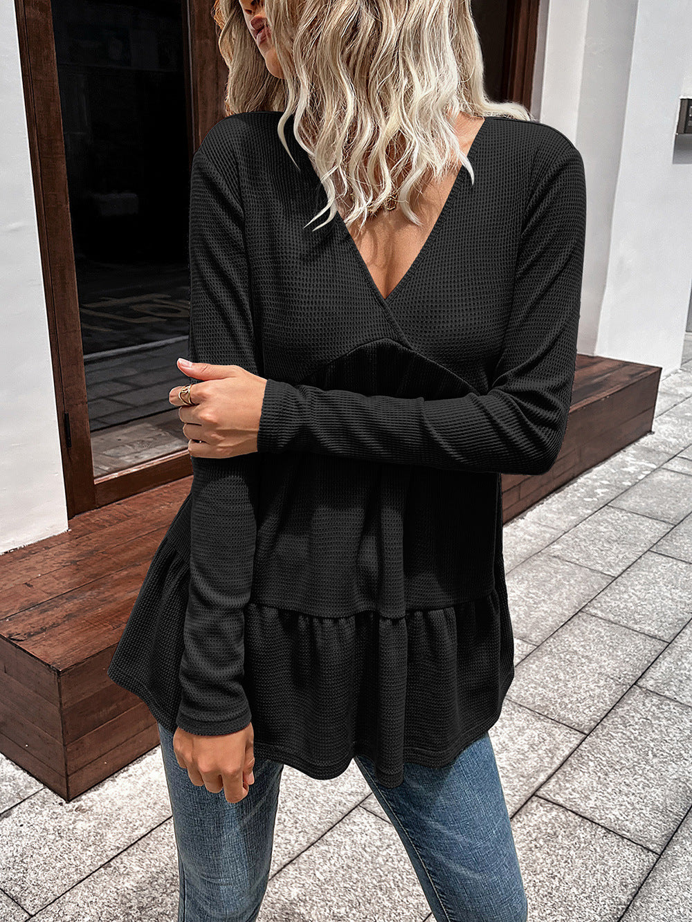 Waffle-Knit V-Neck Long Sleeve Blouse