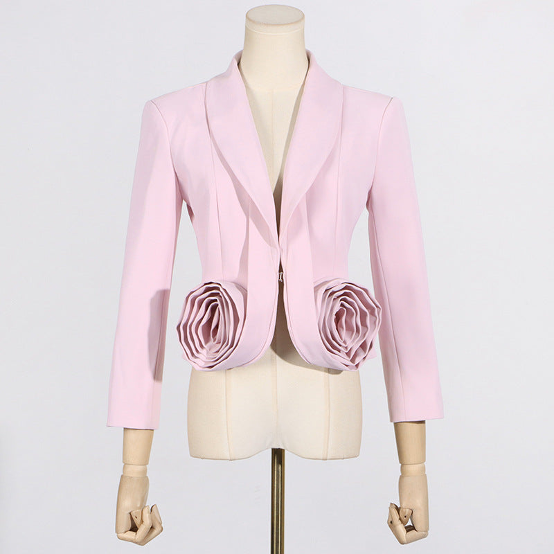 Manteau à épissure de roses tridimensionnel à col en V pour femme