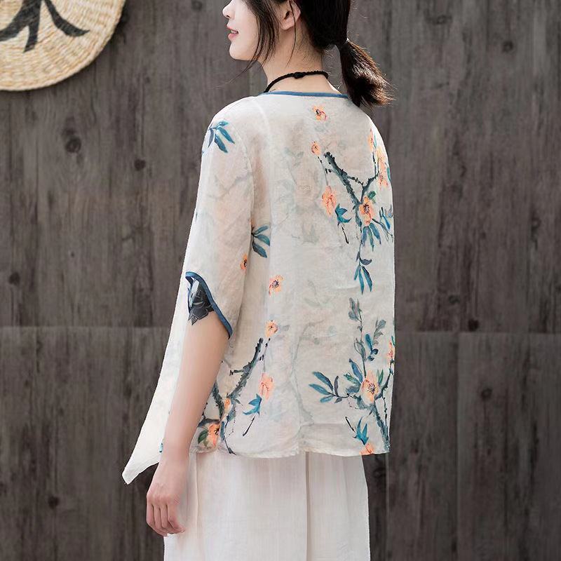 Botón de disco Hanfu Retro camisa pequeña talla grande ramio suelto