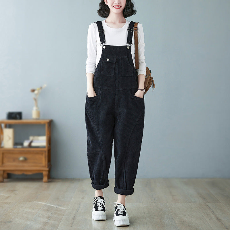 Women's Wide Leg Suspender Washed Corduroy Overalls