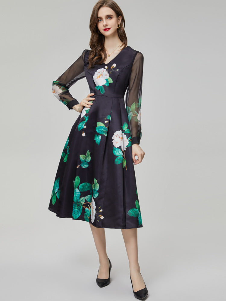 Fashion V-neck Green Printed Long Sleeve Black Mid-length Dress