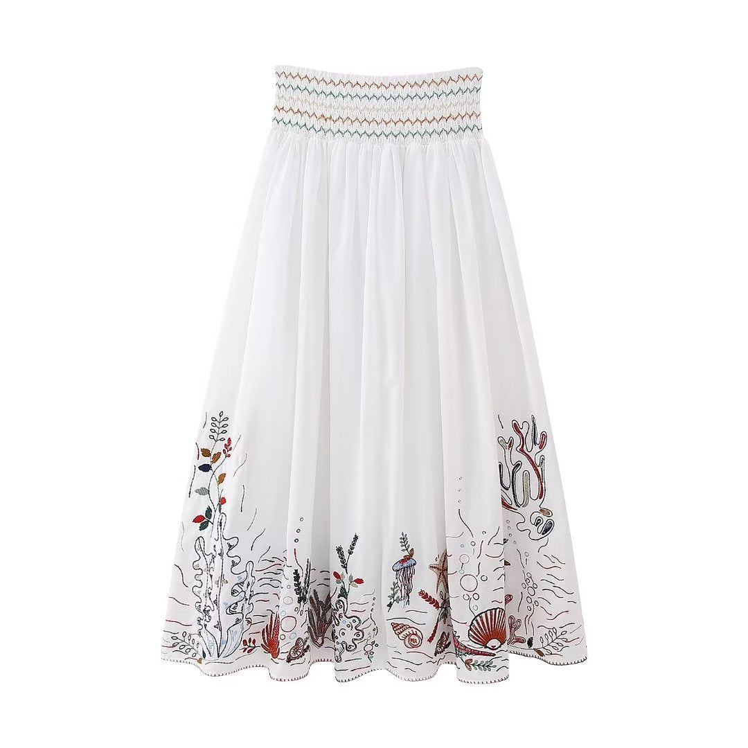 V-neck Embroidery Breasted Shirt High Waist Embroidery Skirt Suit