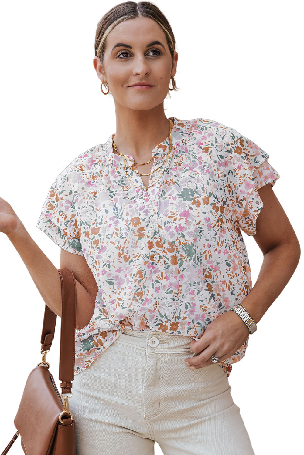 Top con cuello mandarín floral multicolor