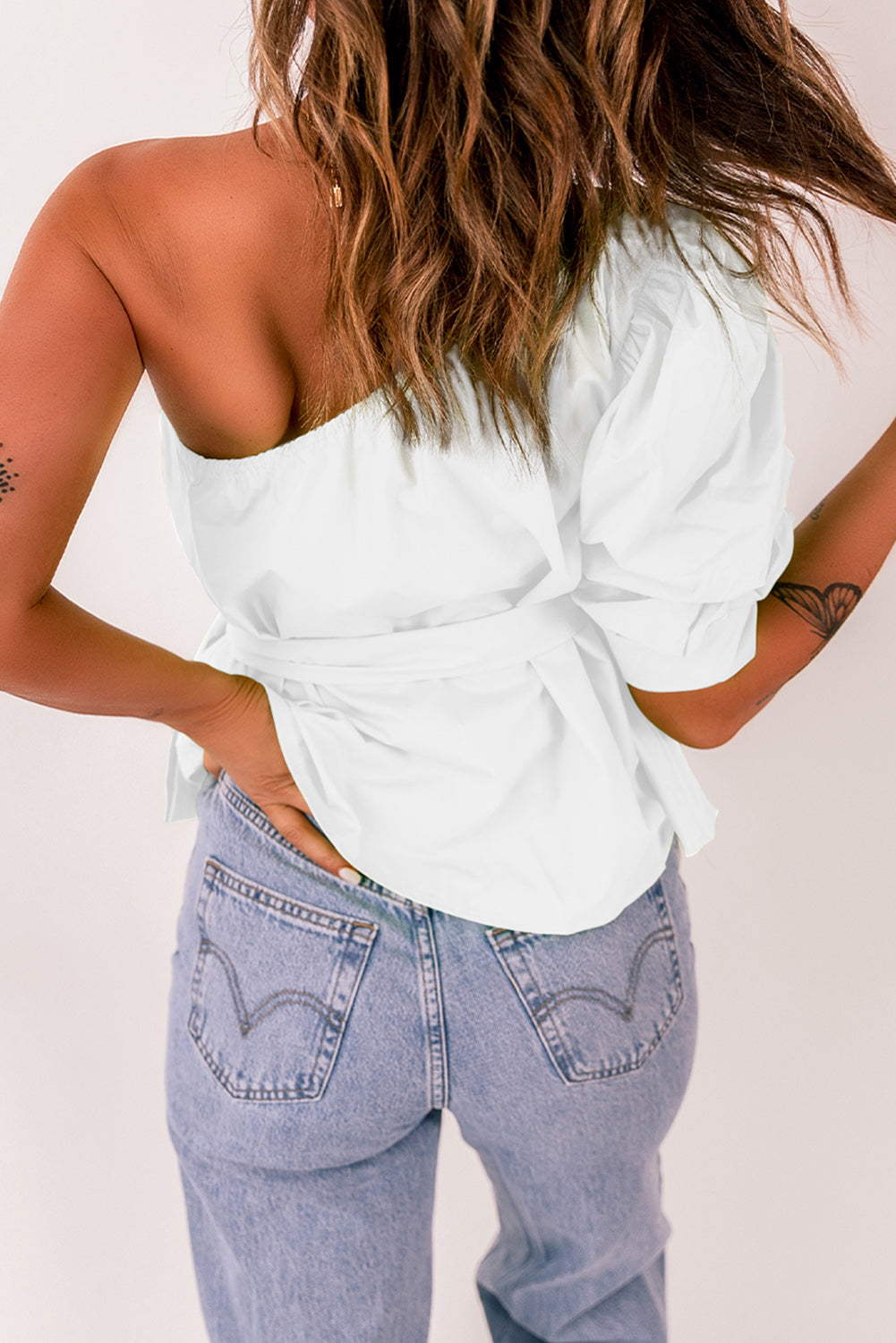 Tied Puff Sleeve One-Shoulder Top