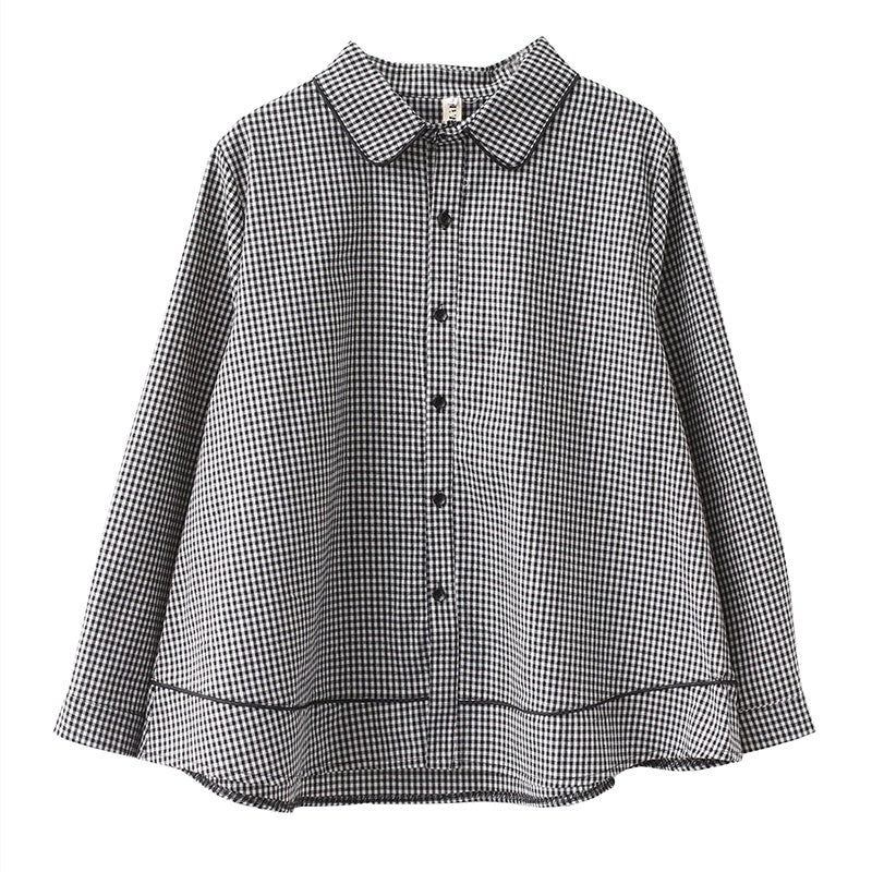 Autumn Age-reducing Doll Collar Plaid Shirt Loose A-line Hem Long-sleeved Shirt