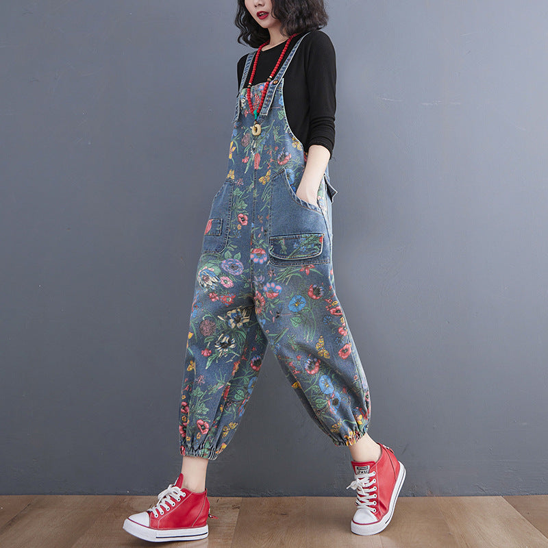 Women's Fashion Denim Printing Suspender Pants Age-reducing Ankle-tied Harem Pants