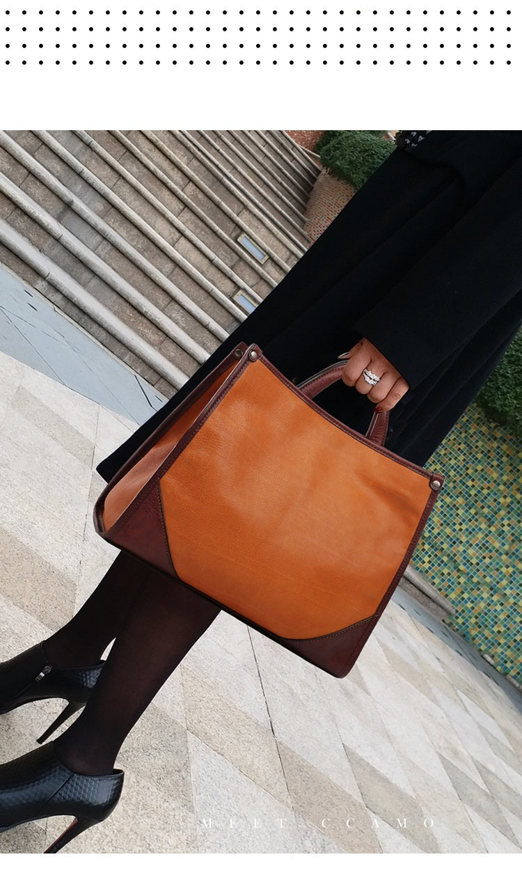 Sac messager portable en cuir souple marron de grande capacité