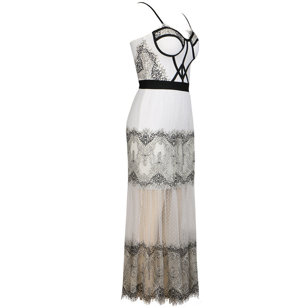 White Suspender Tube Top Lace Mesh Bandage One-piece Dress