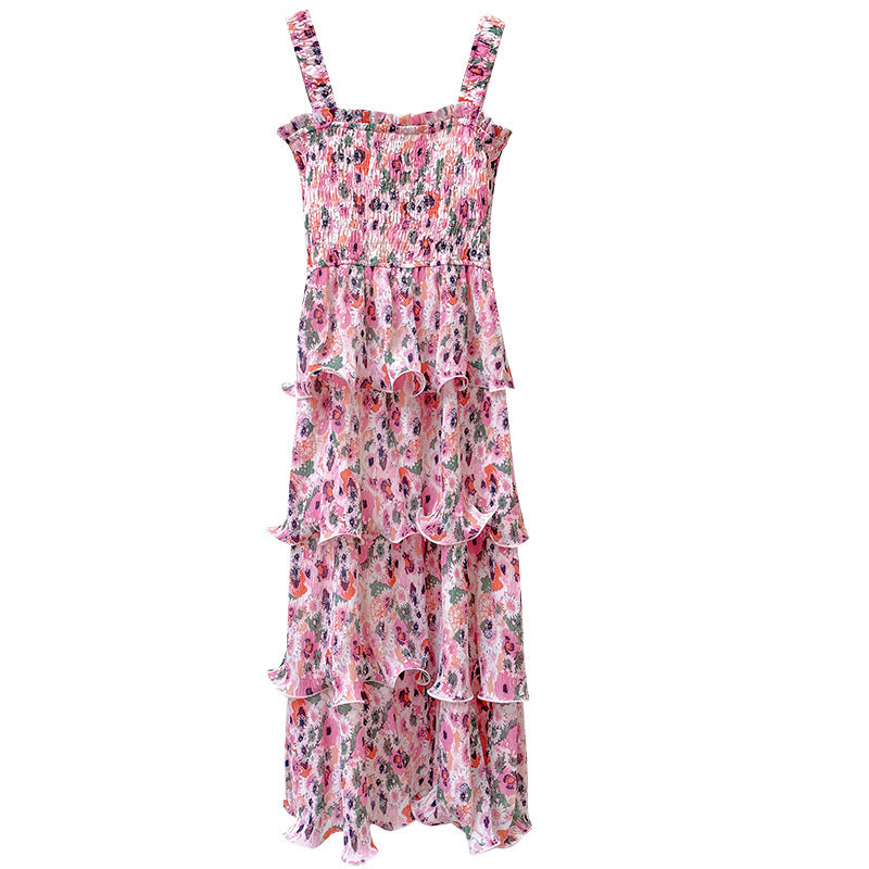 Floral Fashion Vacation Style Suspender Layered Dress