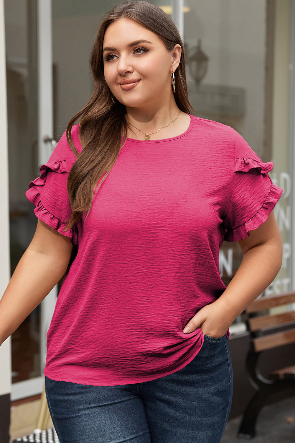 Bright Pink Ruffled Short Sleeve Plus Size Top