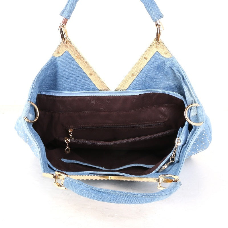 Fashion Women's V-shaped Diamond Flower Denim Bag