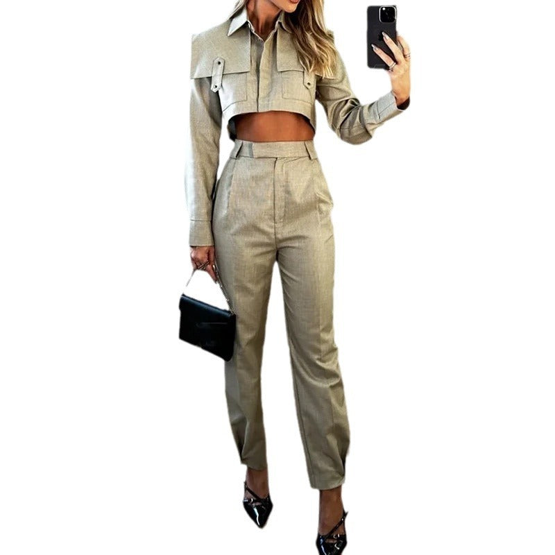 Women's Lapel Midriff-baring Top Solid Color High Waist Straight Pants Suit