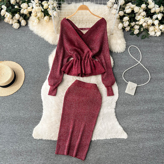 Women's V-neck Flounce Short Sweater Skirt Two-piece Set