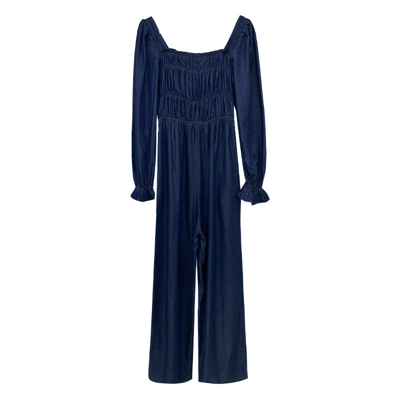 Women's Design Smocked Square Neck Denim Jumpsuit